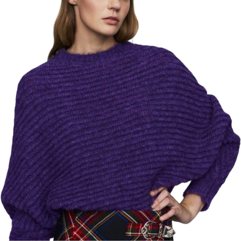Maje Mousse Mohair Alpaca Blend Purple Dolman Sleeve Ribbed Sweater 1 US SMALL